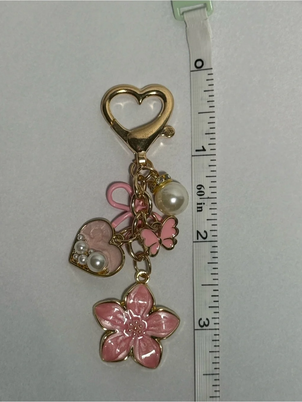 Pink Heart & Flower Charm Keychain with Pearls